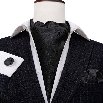 Black Flower Ascot, Pocket Square and Cufflinks ascot    - Sophisticated Gentlemen