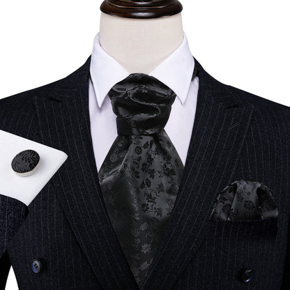 Black Flower Ascot, Pocket Square and Cufflinks ascot    - Sophisticated Gentlemen