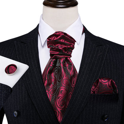 Burgundy Red Paisley Ascot, Pocket Square and Cufflinks ascot    - Sophisticated Gentlemen