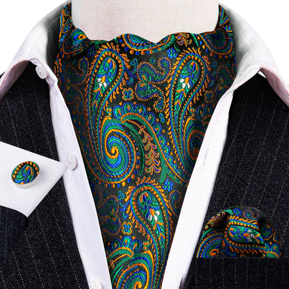 Green Teal Orange Paisley Ascot, Pocket Square and Cufflinks ascot    - Sophisticated Gentlemen