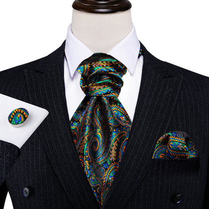 Green Teal Orange Paisley Ascot, Pocket Square and Cufflinks ascot    - Sophisticated Gentlemen