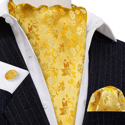 Yellow Floral Ascot, Pocket Square and Cufflinks ascot    - Sophisticated Gentlemen