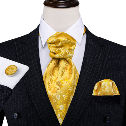 Yellow Floral Ascot, Pocket Square and Cufflinks ascot    - Sophisticated Gentlemen