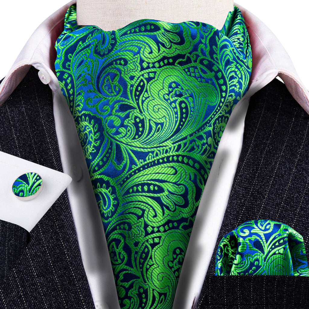 Teal Blue Paisley Ascot, Pocket Square and Cufflinks ascot    - Sophisticated Gentlemen