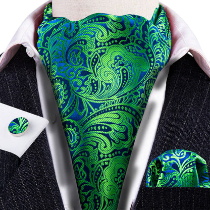 Teal Blue Paisley Ascot, Pocket Square and Cufflinks ascot    - Sophisticated Gentlemen