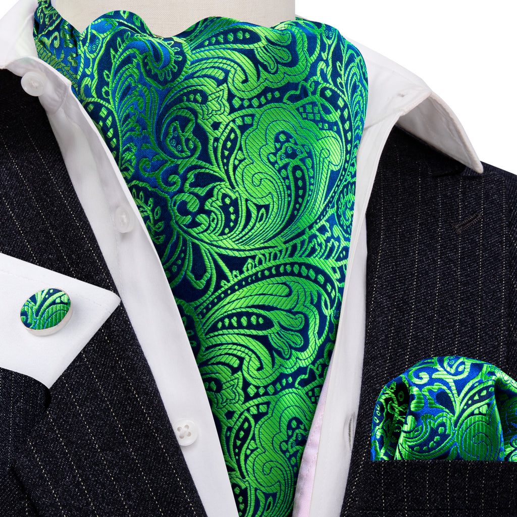 Teal Blue Paisley Ascot, Pocket Square and Cufflinks ascot    - Sophisticated Gentlemen