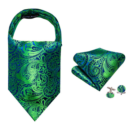 Teal Blue Paisley Ascot, Pocket Square and Cufflinks ascot    - Sophisticated Gentlemen