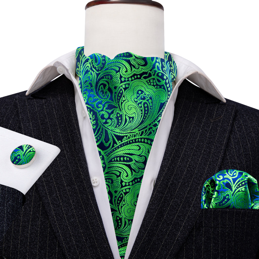 Teal Blue Paisley Ascot, Pocket Square and Cufflinks ascot    - Sophisticated Gentlemen