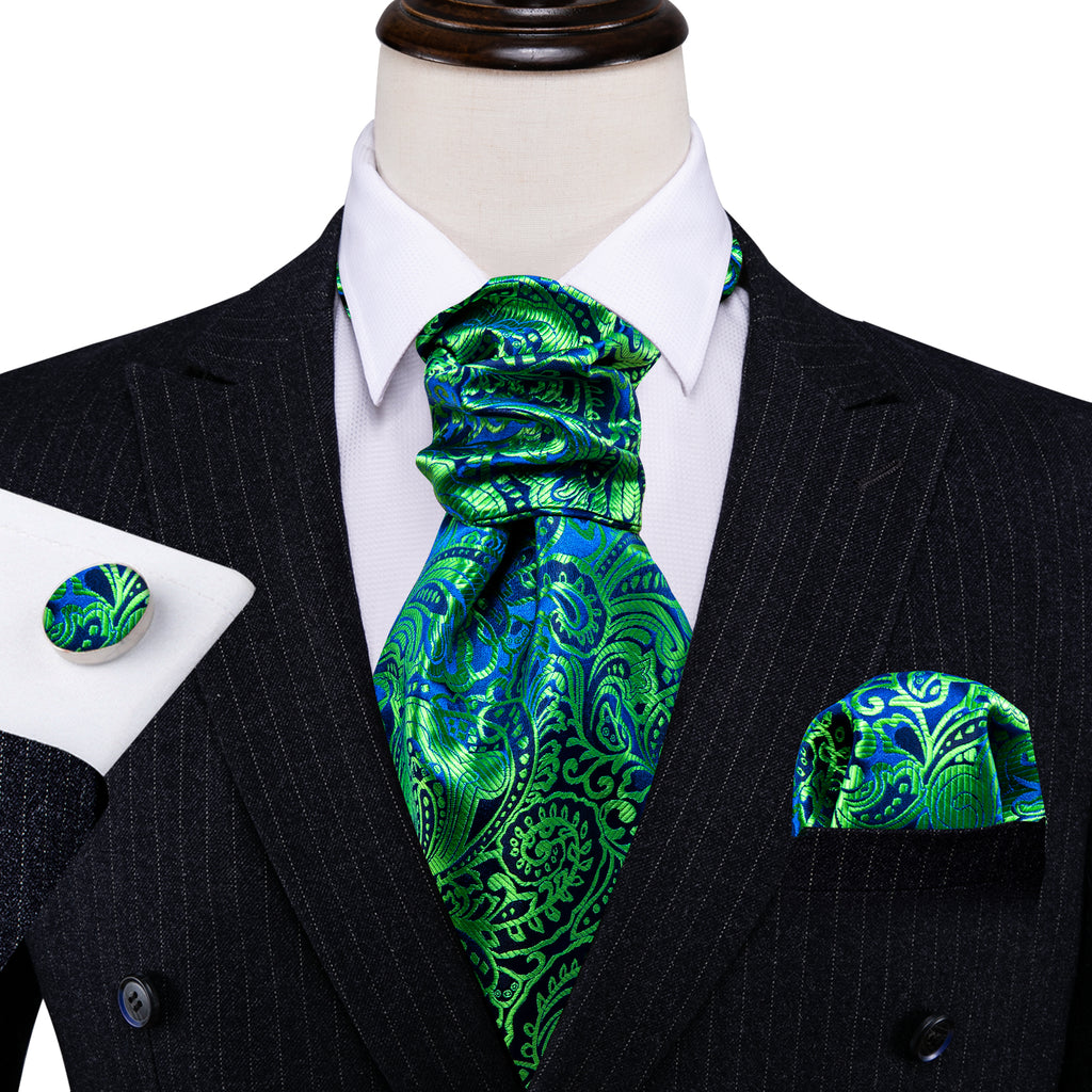 Teal Blue Paisley Ascot, Pocket Square and Cufflinks ascot    - Sophisticated Gentlemen