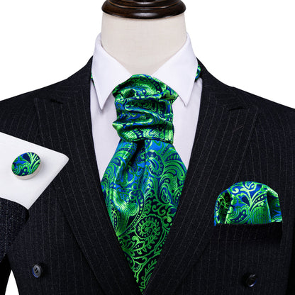 Teal Blue Paisley Ascot, Pocket Square and Cufflinks ascot    - Sophisticated Gentlemen