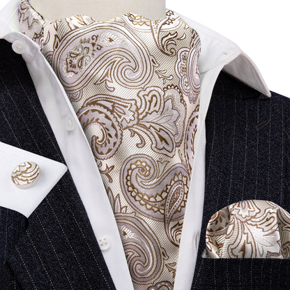 Beige Paisley Silk Ascot, Pocket Square and Cufflinks ascot    - Sophisticated Gentlemen