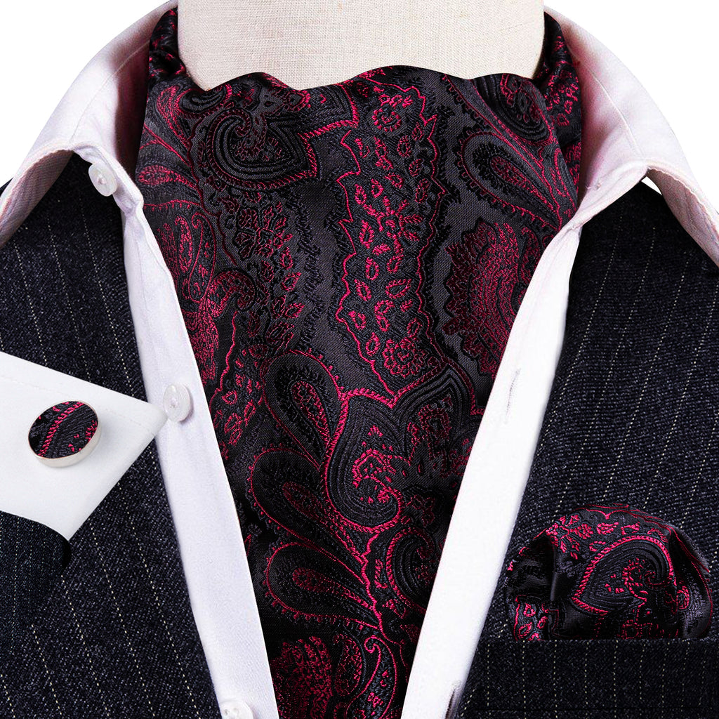 Black Maroon Paisley Silk Ascot, Pocket Square and Cufflinks ascot    - Sophisticated Gentlemen