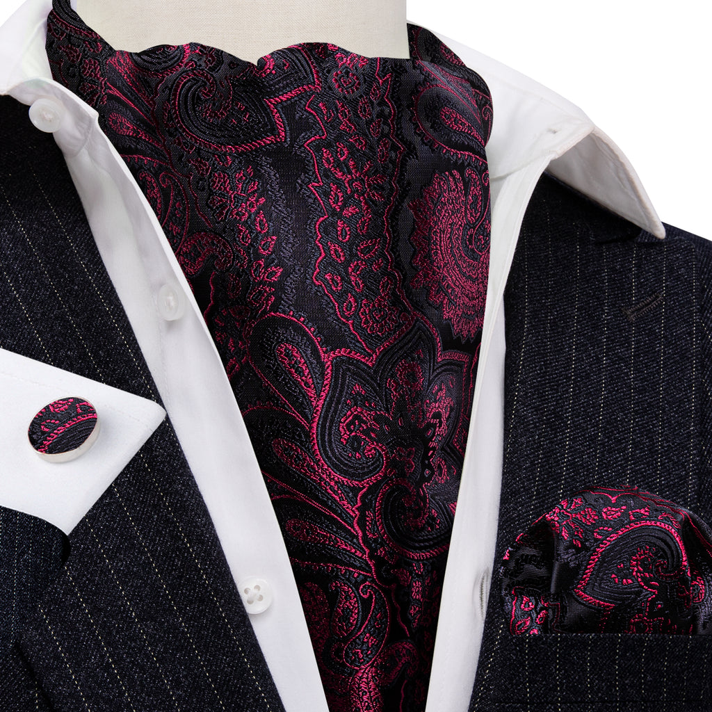 Black Maroon Paisley Silk Ascot, Pocket Square and Cufflinks ascot    - Sophisticated Gentlemen