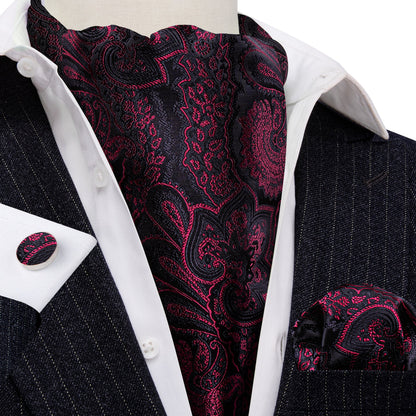 Black Maroon Paisley Silk Ascot, Pocket Square and Cufflinks ascot    - Sophisticated Gentlemen
