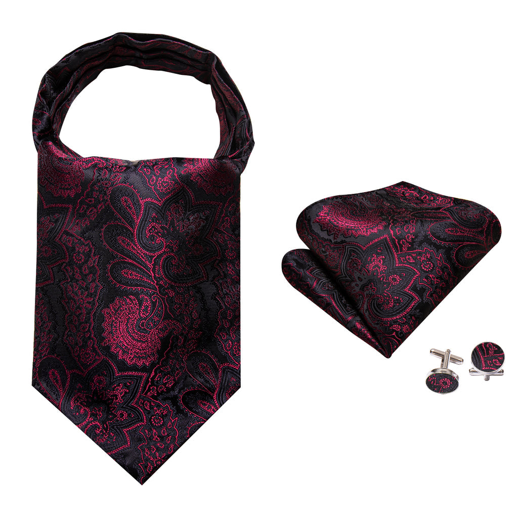 Black Maroon Paisley Silk Ascot, Pocket Square and Cufflinks ascot    - Sophisticated Gentlemen