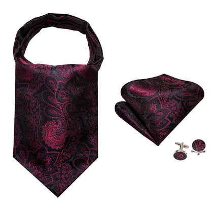 Black Maroon Paisley Silk Ascot, Pocket Square and Cufflinks ascot    - Sophisticated Gentlemen