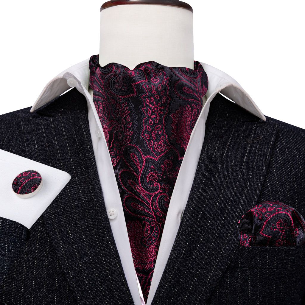 Black Maroon Paisley Silk Ascot, Pocket Square and Cufflinks ascot    - Sophisticated Gentlemen