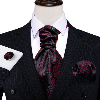 Black Maroon Paisley Silk Ascot, Pocket Square and Cufflinks ascot    - Sophisticated Gentlemen