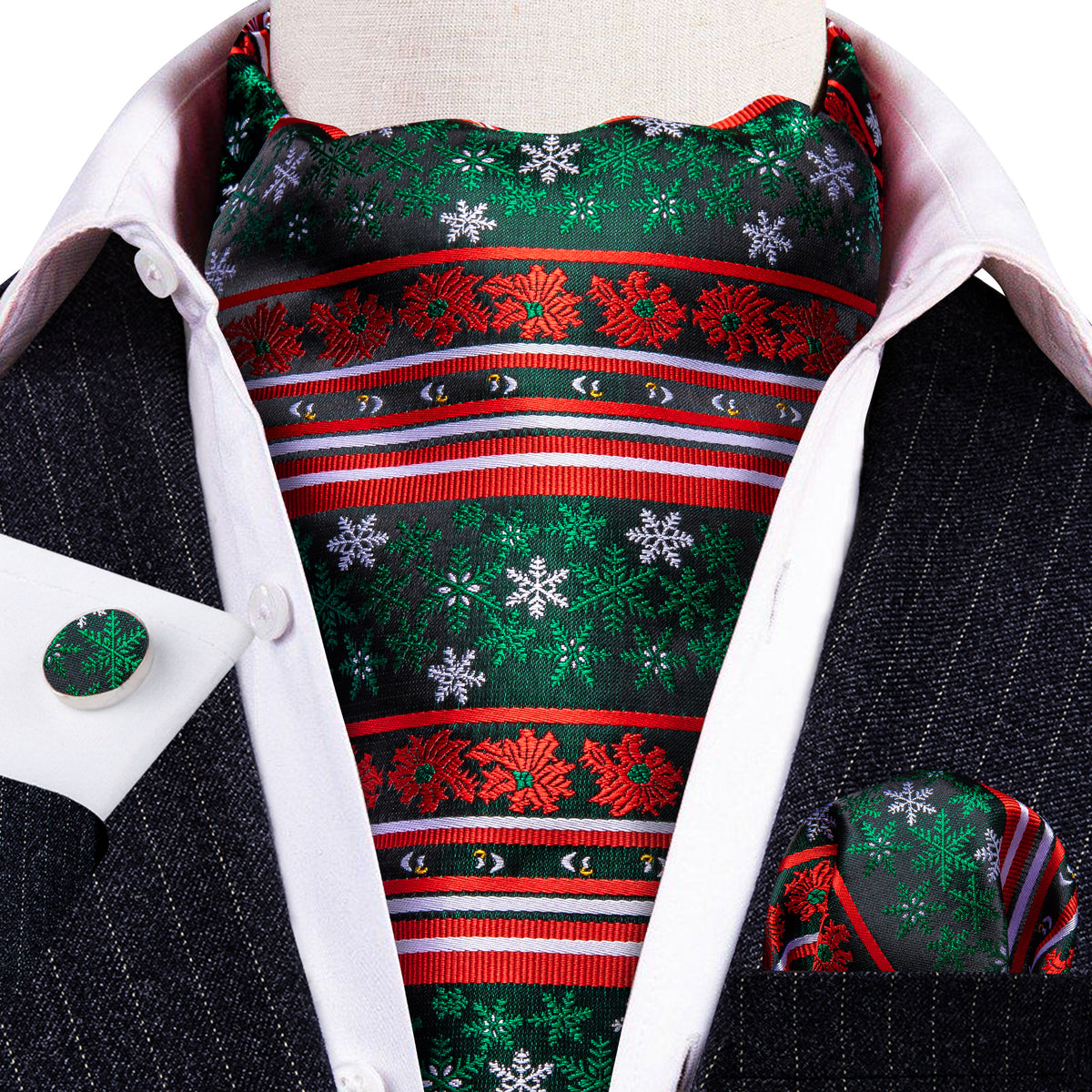 Green Red Christmas Snowflake Silk Ascot, Pocket Square and Cufflinks ascot    - Sophisticated Gentlemen