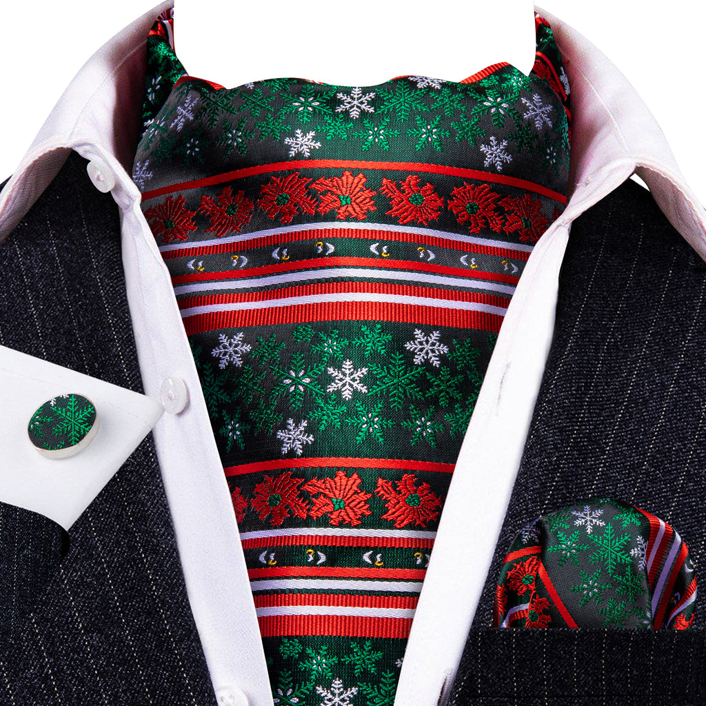 Green Red Christmas Snowflake Silk Ascot, Pocket Square and Cufflinks ascot    - Sophisticated Gentlemen
