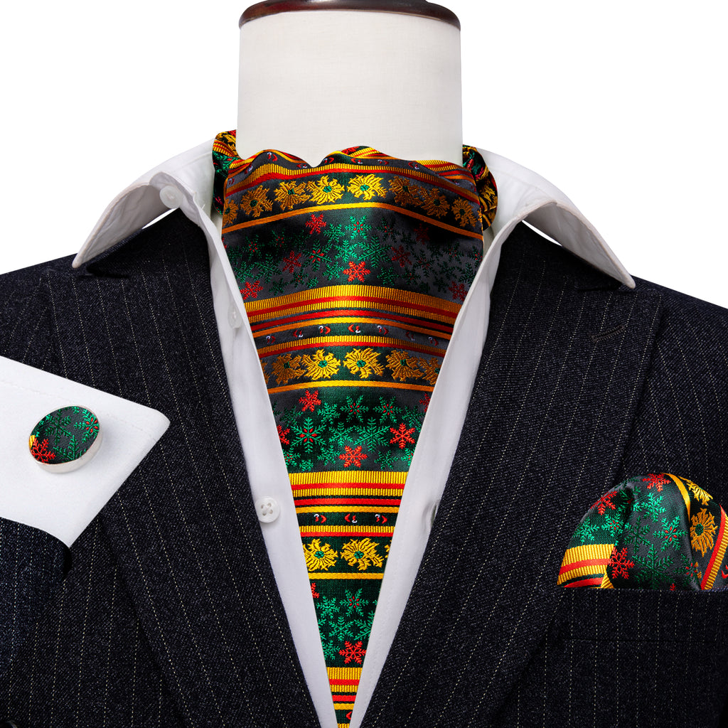 Green Gold Christmas Floral Silk Ascot, Pocket Square and Cufflinks ascot    - Sophisticated Gentlemen