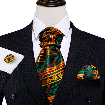 Green Gold Christmas Floral Silk Ascot, Pocket Square and Cufflinks ascot    - Sophisticated Gentlemen