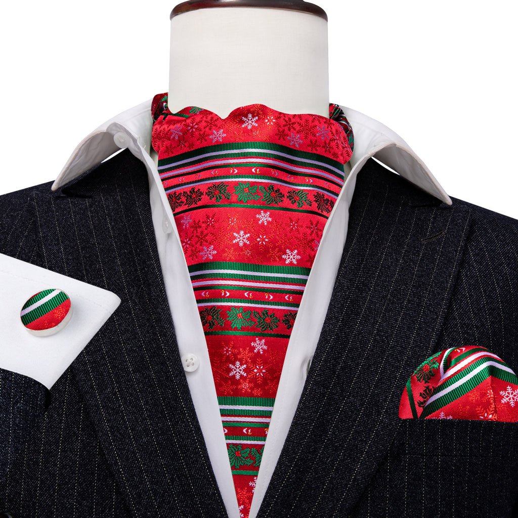 Red Green Christmas Floral Silk Ascot, Pocket Square and Cufflinks ascot    - Sophisticated Gentlemen