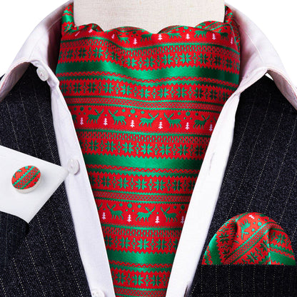 Red Green Christmas Floral Elk Silk Ascot, Pocket Square and Cufflinks ascot    - Sophisticated Gentlemen