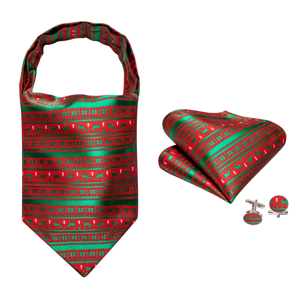Red Green Christmas Floral Elk Silk Ascot, Pocket Square and Cufflinks ascot    - Sophisticated Gentlemen