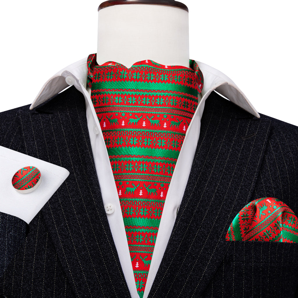Red Green Christmas Floral Elk Silk Ascot, Pocket Square and Cufflinks ascot    - Sophisticated Gentlemen