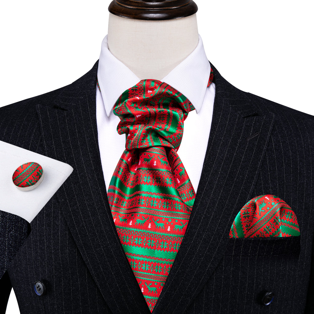Red Green Christmas Floral Elk Silk Ascot, Pocket Square and Cufflinks ascot    - Sophisticated Gentlemen