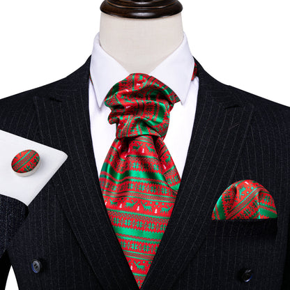 Red Green Christmas Floral Elk Silk Ascot, Pocket Square and Cufflinks ascot    - Sophisticated Gentlemen