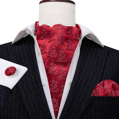 Red Christmas Tree Silk Ascot, Pocket Square and Cufflinks ascot    - Sophisticated Gentlemen
