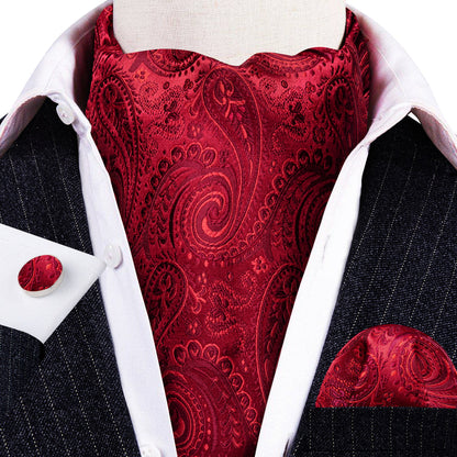 Red Paisley Silk Ascot, Pocket Square and Cufflinks ascot    - Sophisticated Gentlemen