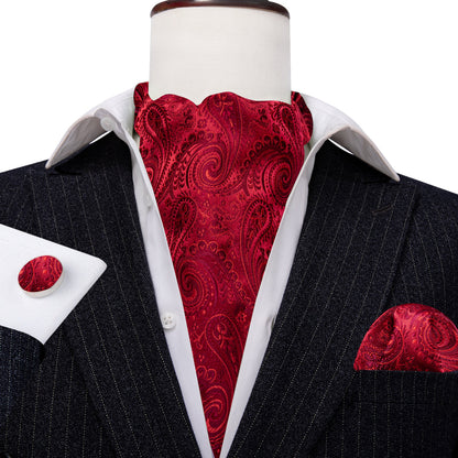 Red Paisley Silk Ascot, Pocket Square and Cufflinks ascot    - Sophisticated Gentlemen
