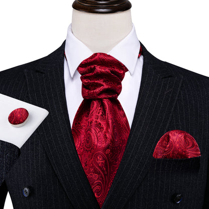 Red Paisley Silk Ascot, Pocket Square and Cufflinks ascot    - Sophisticated Gentlemen
