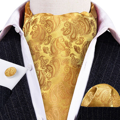 Gold Yellow Paisley Silk Ascot, Pocket Square and Cufflinks ascot    - Sophisticated Gentlemen