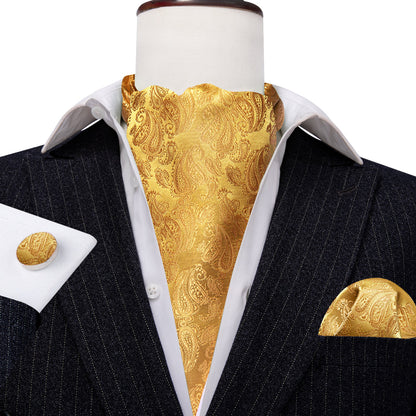 Gold Yellow Paisley Silk Ascot, Pocket Square and Cufflinks ascot    - Sophisticated Gentlemen