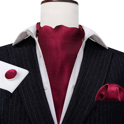 Dark Red Striped Silk Ascot, Pocket Square and Cufflinks ascot    - Sophisticated Gentlemen