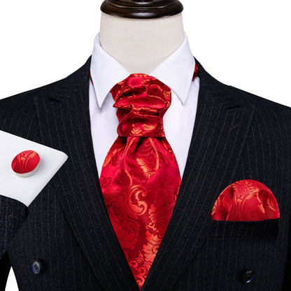 Red Floral Silk Ascot, Pocket Square and Cufflinks ascot    - Sophisticated Gentlemen