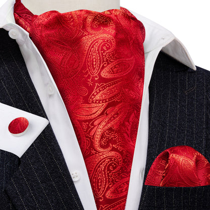 Red Paisley Silk Ascot, Pocket Square and Cufflinks ascot    - Sophisticated Gentlemen