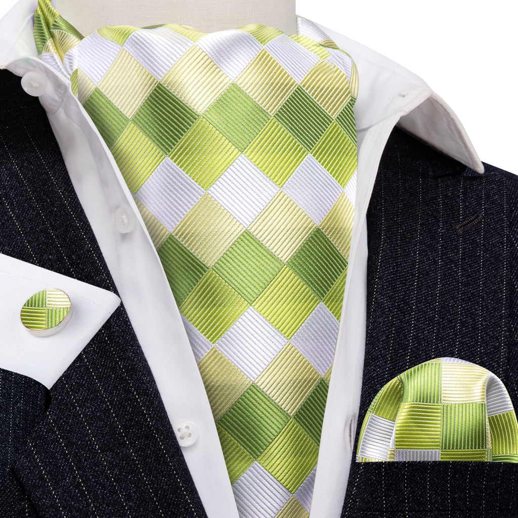 Green White Plaid Silk Ascot, Pocket Square and Cufflinks ascot    - Sophisticated Gentlemen