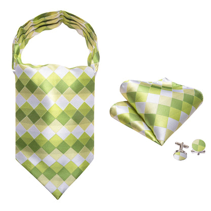 Green White Plaid Silk Ascot, Pocket Square and Cufflinks ascot    - Sophisticated Gentlemen