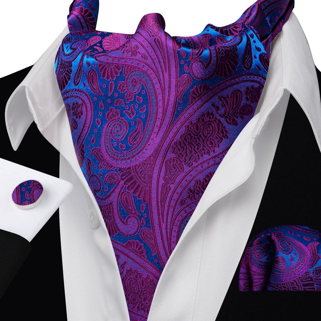 Purple Blue Paisley Silk Ascot, Pocket Square and Cufflinks ascot    - Sophisticated Gentlemen
