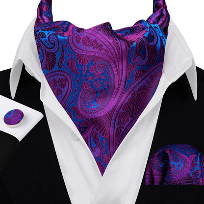 Purple Blue Paisley Silk Ascot, Pocket Square and Cufflinks ascot    - Sophisticated Gentlemen