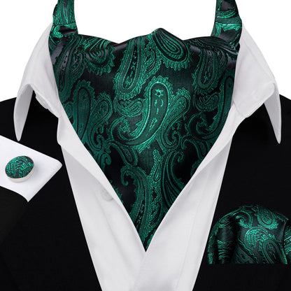 Dark Green Paisley Ascot, Pocket Square and Cufflinks ascot    - Sophisticated Gentlemen