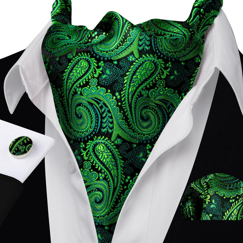 Dark Green Paisley Ascot, Pocket Square and Cufflinks ascot    - Sophisticated Gentlemen
