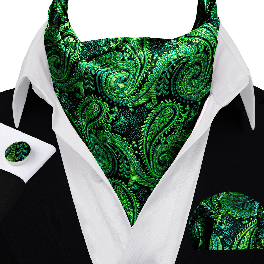 Dark Green Paisley Ascot, Pocket Square and Cufflinks ascot    - Sophisticated Gentlemen
