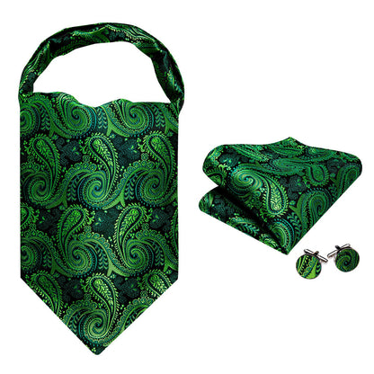 Dark Green Paisley Ascot, Pocket Square and Cufflinks ascot    - Sophisticated Gentlemen