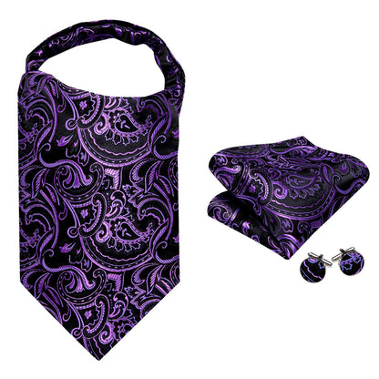 Black Purple Ascot, Pocket Square and Cufflinks ascot    - Sophisticated Gentlemen